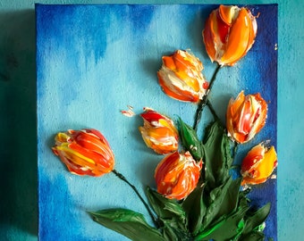 3D Orange Tulips, Impasto, Touch Art by Andrii Rays, Flowers, Heavy Acrylic Painting, Palette Knife, Mother's Day Gift, Flower Beauty