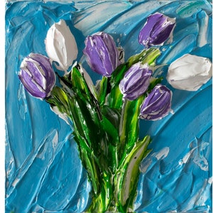 Tulips, Live Art 3D acrylic by Andrii Rays, Impasto 3D Heavy texture Painting Palette Knife Mother's Day beautiful flowers, texture paint image 1