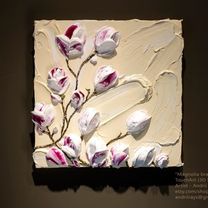 3D Magnolia branches, TouchArt (3D acrylic) by Ukrainian artist Andrii Rays, Impasto Heavy texture Painting Palette Knife  beautiful flowers