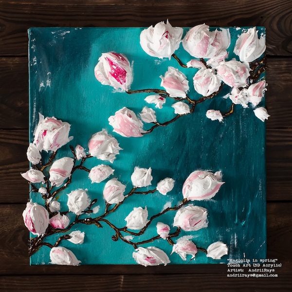 Magnolias au printemps TouchArt (peinture 3D) par Andrii Rays Empâtement, Peinture acrylique lourde, Couteau à palette, Fête des Mères, belles fleurs d'art