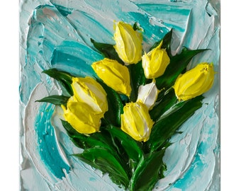 TouchArt (3D acrylic paint) Yellow Tulips by Andrii Rays Impasto 3D Heavy texture Painting Palette Knife Mother's Day beautiful flowers