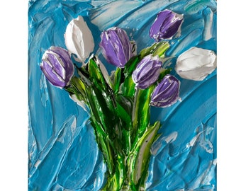 Tulips, Live Art (3D acrylic) by Andrii Rays, Impasto 3D Heavy texture Painting Palette Knife Mother's Day  beautiful flowers, texture paint