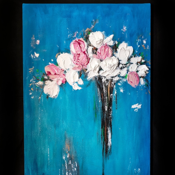 Wedding bouquet, Touch Art - Unique 3D Acrylic by Andrii Rays White flowers 3D  Impasto Heavy Body Palette Knife Modern Painting beauty gift