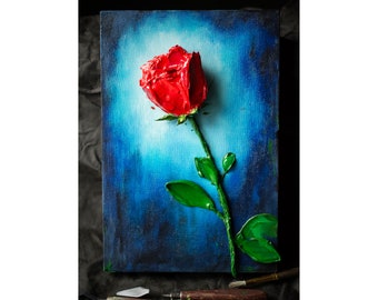 3D Painting, One Red Rose Bud - TouchArt (Unique 3D Acrylic paint) by Andrii Rays, Impasto, flowers,  Heavy Acrylic Painting, Palette Knife