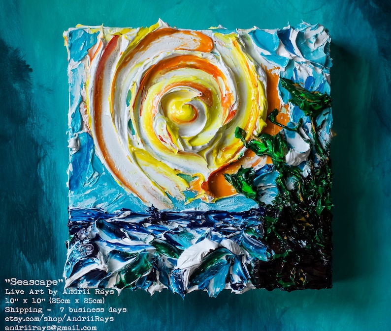 3D Seascape in ocean TouchArt by Ukrainian artist Andrii Rays, Impasto Sculpting Sea Sun Acrylic volumetric painting Waves Sunrise texture image 1