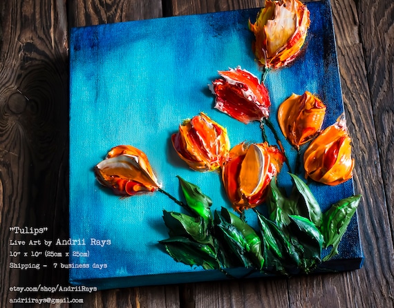 Orange Tulips, 3D Impasto Touchart by Andrii Rays, Flowers, Heavy