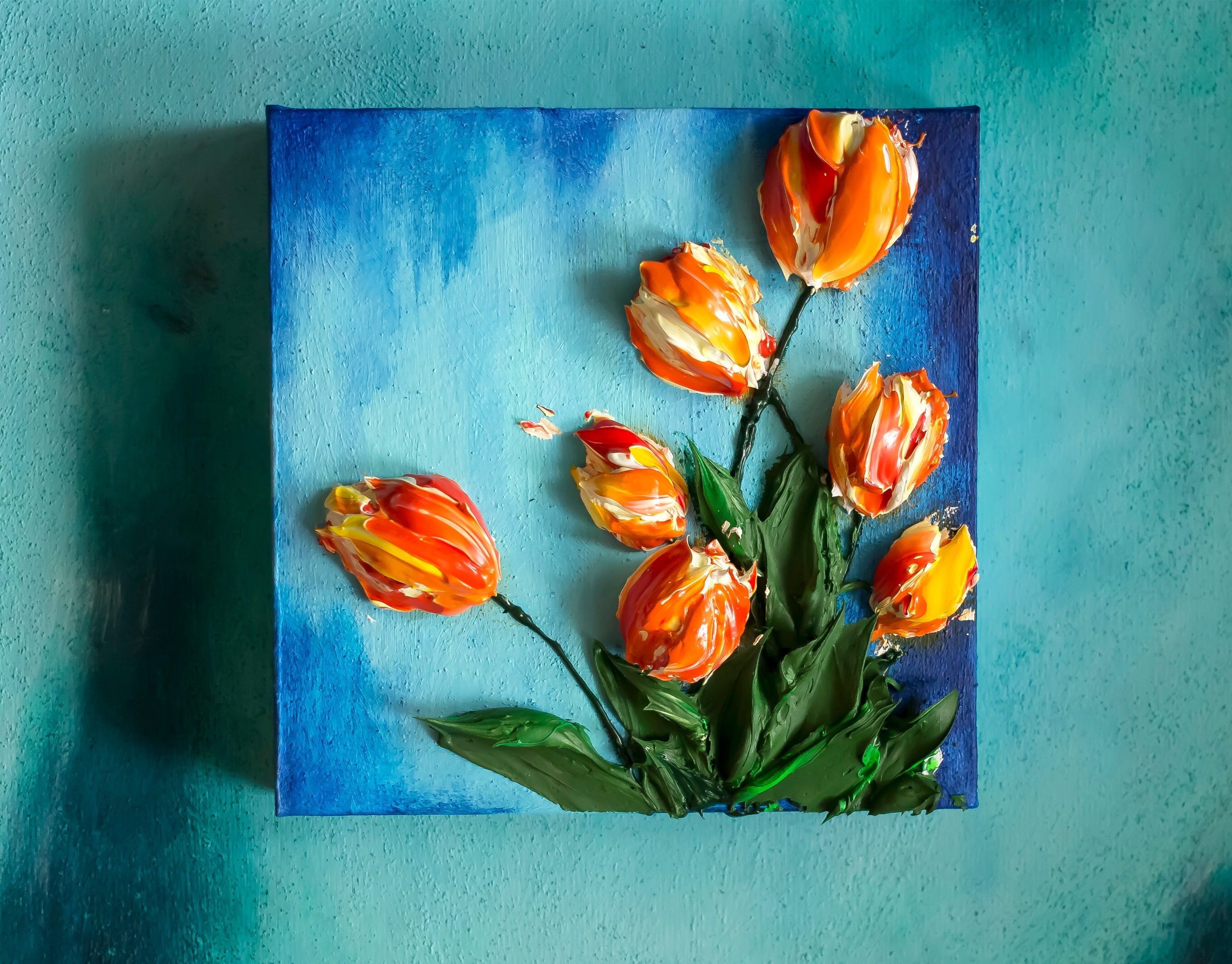 3D Orange Tulips, Impasto, Touch Art by Andrii Rays, Flowers