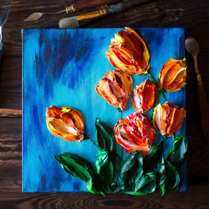 Tulips, Live Art 3D acrylic by Andrii Rays, Impasto 3D Heavy texture Painting Palette Knife Mother's Day beautiful flowers, texture paint image 5
