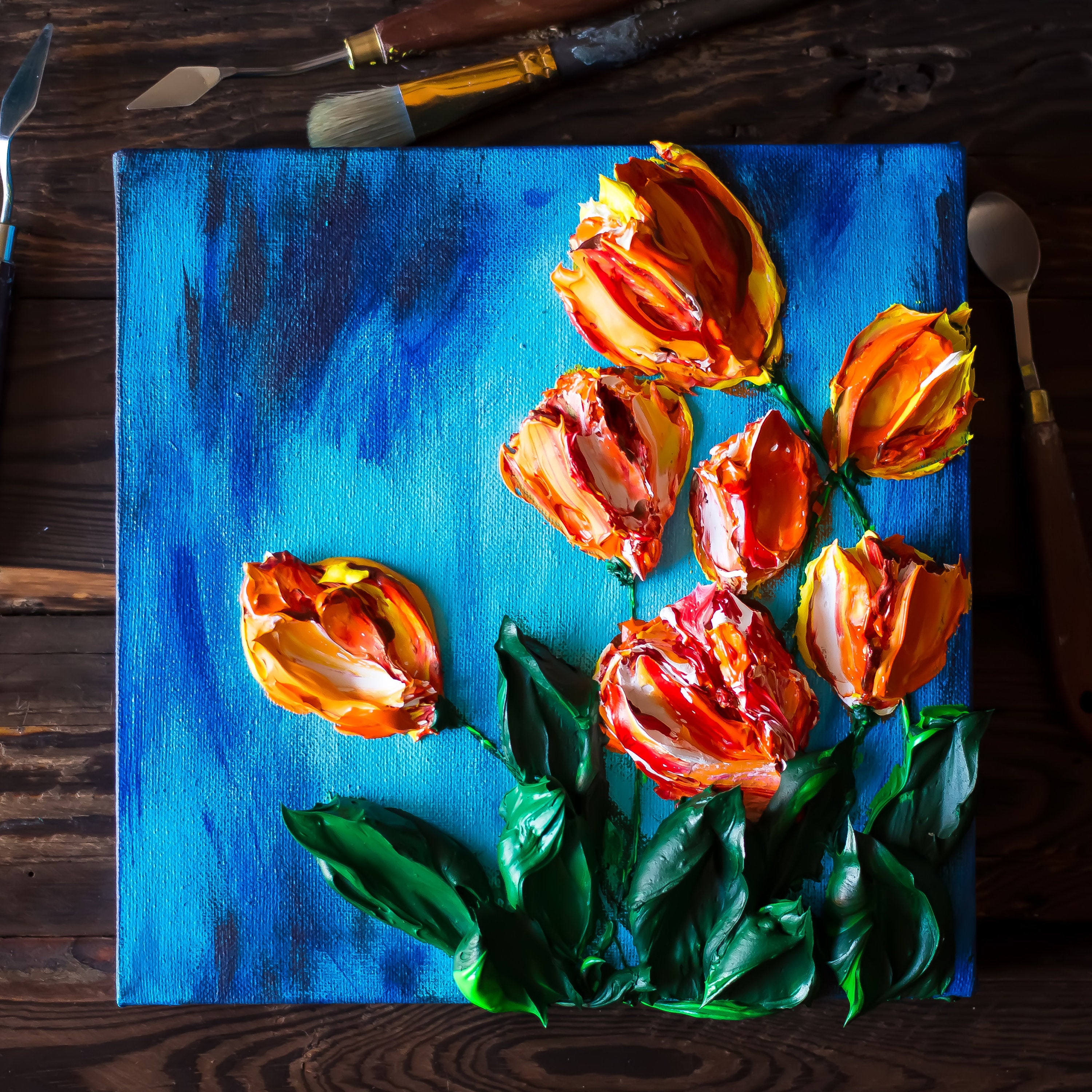 Tulips, Live Art (3D Acrylic) by Andrii Rays, Impasto 3D Heavy
