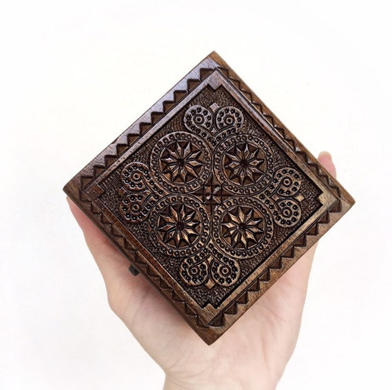 Square Shaped Carved Wooden Jewerly Box Keepsakes Storage Etsy