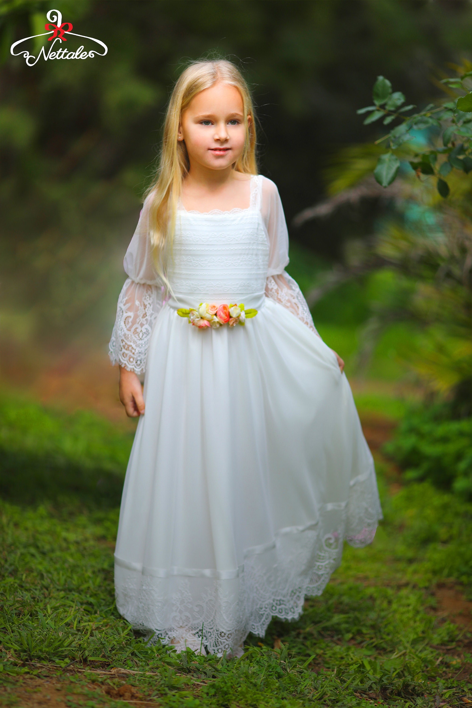 Bohemian Ivory Lace Junior Bridesmaid Dress Kids Bell Sleeve Etsy