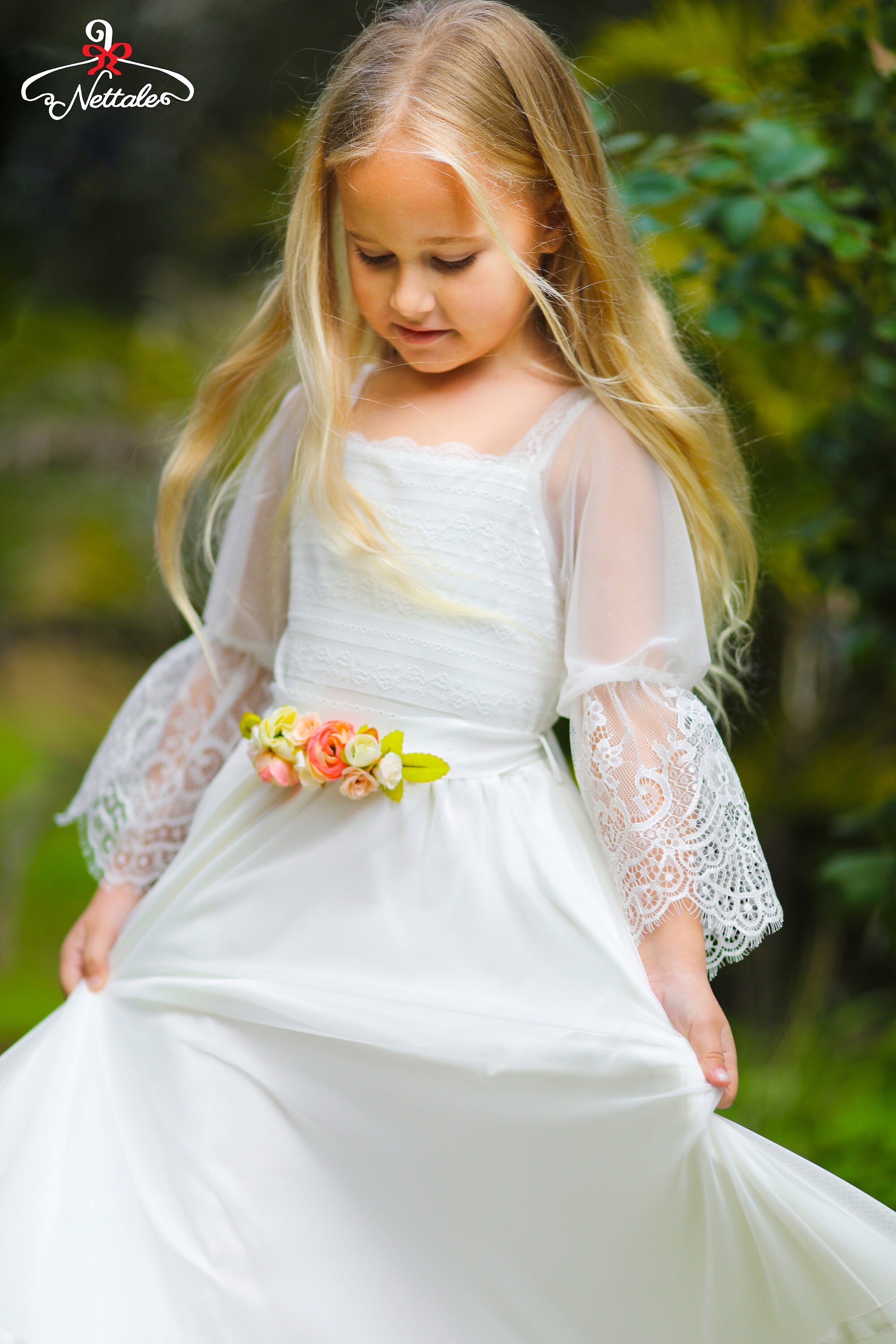 Bohemian Ivory Lace Junior Bridesmaid Dress Kids Bell Sleeve Etsy