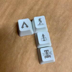 May include: Four white keycaps with different symbols printed on them. The symbols are a triangle, an arrow pointing up, a person jumping, and a symbol that looks like a robot.