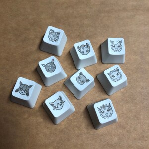 May include: Nine white keycaps with black and gray illustrations of Pokemon characters. The characters include:  Eevee, Vaporeon, Jolteon, Flareon, Espeon, Umbreon, Glaceon, Leafeon, and Sylveon.