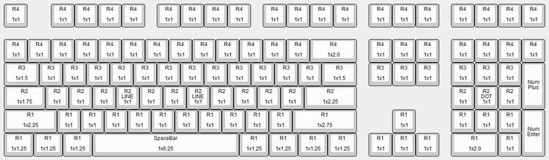 May include: A keyboard layout diagram with labels for each key. The diagram shows the size and shape of each key, as well as the text that appears on each key. The diagram is labeled with the key sizes, such as 1x1, 1x1.25, 1x1.5, 1x1.75, 1x2.0, 1x2.25, 1x2.5, 1x2.75, and 1x3.25.