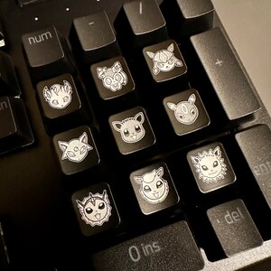May include: A black keyboard with white keycaps featuring different Pokemon characters. The keycaps are labeled with the Pokemon's names, such as "Eevee", "Vaporeon", "Jolteon", and "Flareon".
