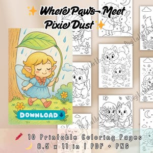 Whimsical Fairy & Kitten Coloring Book – 10 Printable Pages | Storybook Style | PDF + PNG | Instant Digital Download