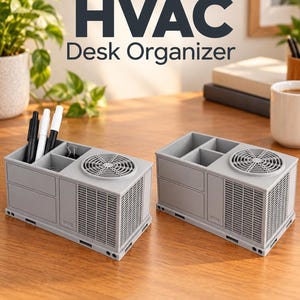 May include: Two gray desk organizers shaped like HVAC units. Each rectangular container features a top-mounted circular fan grille, side vents, and multiple interior compartments for pens and office supplies. The text HVAC Desk Organizer is visible.