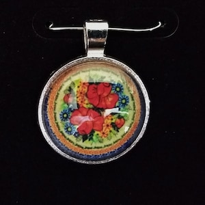 Design 59 Polish Pottery necklace Choice of Pendant w/ Glass Cabochon Silver  earrings Polska Poland Polski & black cord red flowers