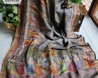 Grey Organic Linen Saree With Pichwai Print; Custom Stitched/Ready-made Blouse,  Timeless Sarees For Women by Zynah; SKU: 2911202304