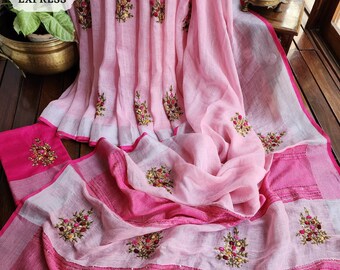 Powder Pink Organic Linen Saree With Frenchknot Hand Embroidery;Timeless Sarees For Women by Zynah; SKU: 2705202402