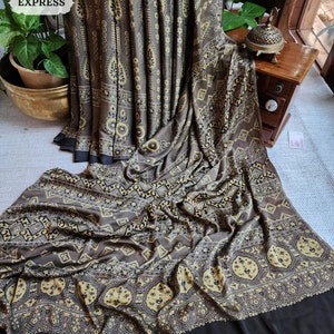 Brown Ajrakh Modal Saree By Zynah, Crafted Using Traditional Method Of Ajrakh Printing, 100% Natural Dyes; Custom Blouse; SKU:0311202307