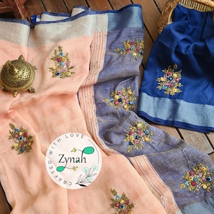 Zynah Pure Linen Saree with Hand Embroidery and French Knot work; custom stitched blouse,fall,petticoat,available in USA