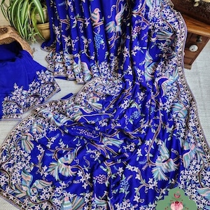 Zynah Royal Blue Pure Georgette Hand Embroidered Parsi Gara Saree, Authentic Vintage Art, Heirloom Piece; Custom Blouse; SKU: 2302202303