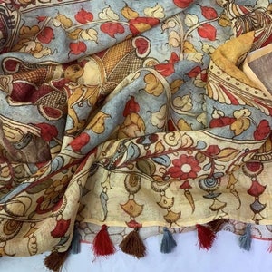 Zynah Cream Organic Linen Saree With Kalamkari Print & Zari Border, stitched readymade blouse,fall,petticoat,available in USA
