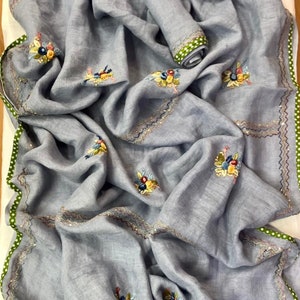 Zynah Pure Linen Saree with Hand Embroidery and French Knot work; custom stitched blouse,fall,petticoat,available in USA