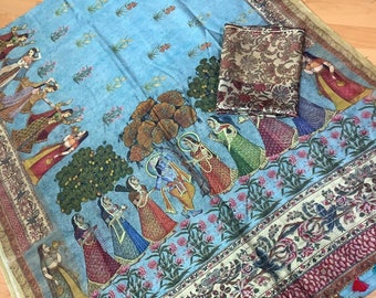 Kalamkari Organic Lab Tested 120 Count pure 'Linen by Linen' Saree, stitched readymade blouse,Timeless Sarees For Women by Zynah