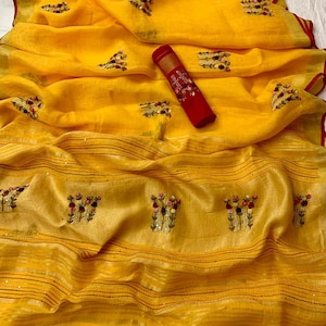 Yellow Pure Linen Saree with Hand Embroidery and French Knot work; Timeless Sarees For Women by Zynah; available in USA; SKU:0704202109