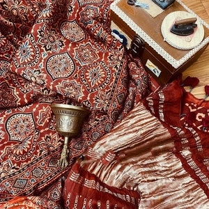 Madder Red Ajrakh Modal Silk Saree With Lagdi Patta Pallu,100% Natural Dyes; Timeless Sarees For Women by Zynah; SKU:ZYS-086