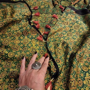 Green Ajrakh Modal Saree zari, Crafted Using Traditional Method Of Ajrakh Printing By Zynah,100% Natural Dyes;Custom Blouse;SKU: 1402202505