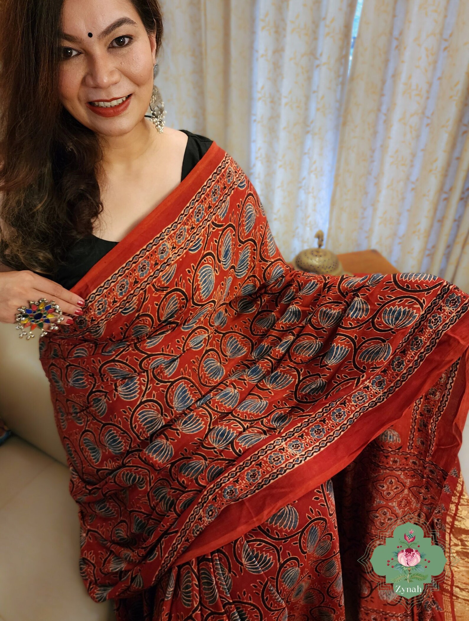 Madder Red Ajrakh Cotton Saree