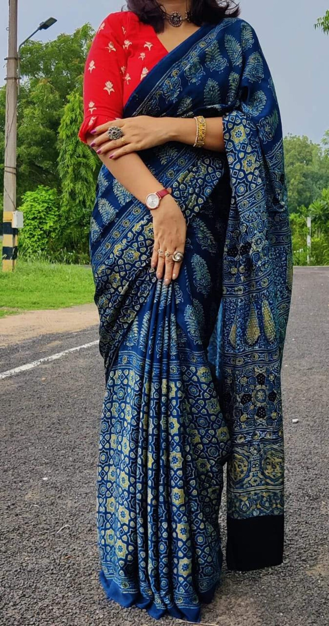 Medallion Indigo Ajrakh Cotton Saree main image 0