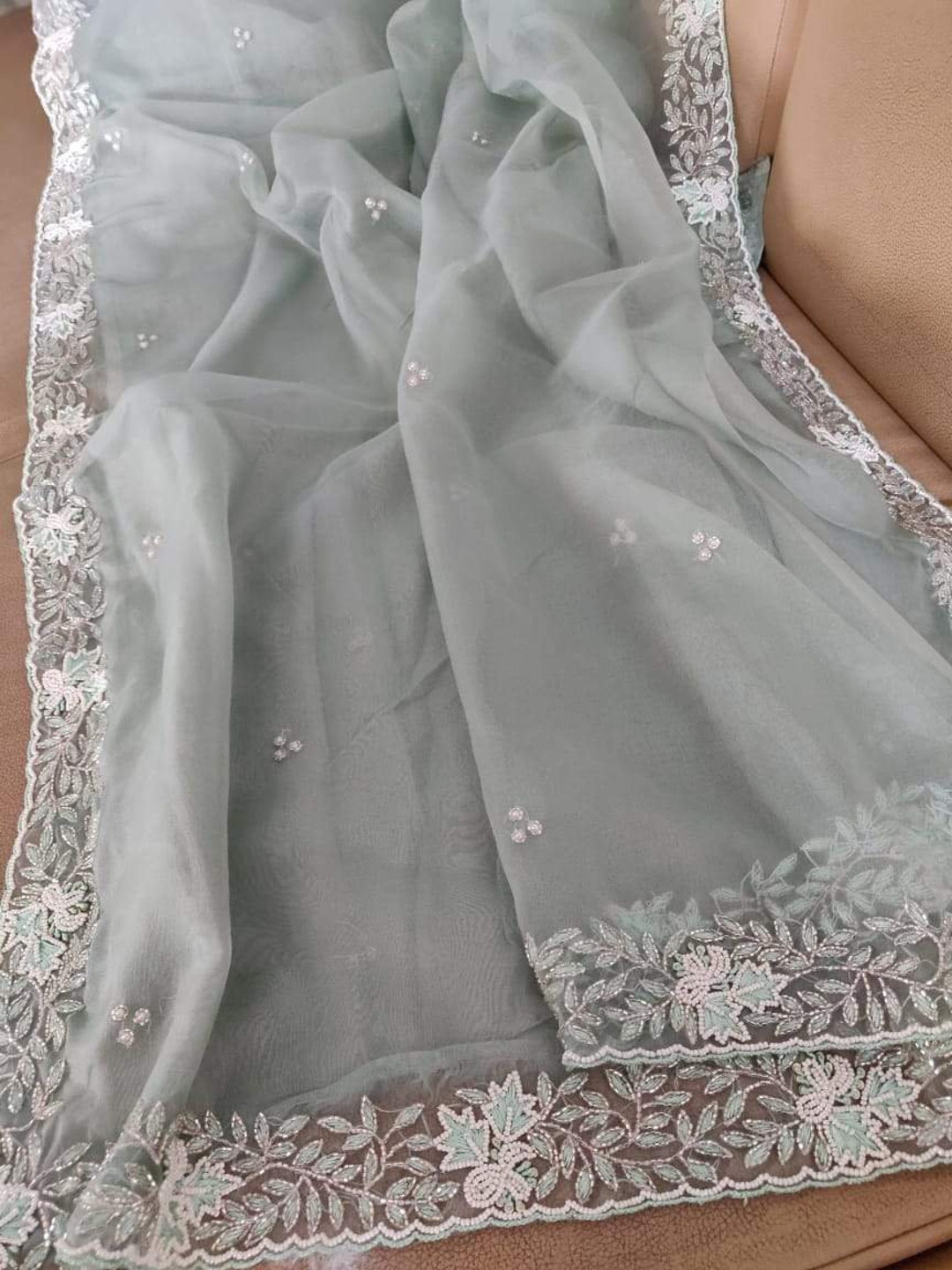 Zynah Organza Silk Saree, Cutdana Work, Pearl Beads Handwork