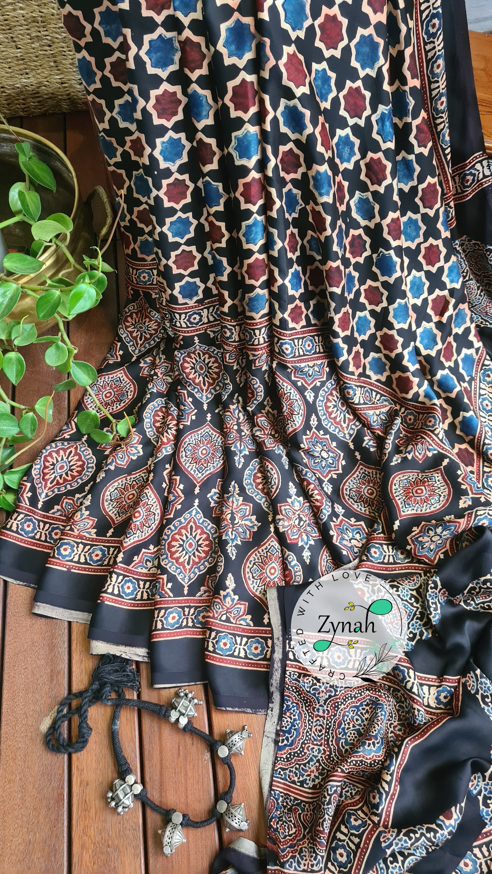 Pure Modal silk hand blocked ajrak saree