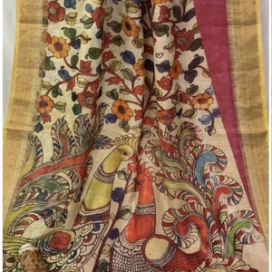 Zynah Kalamkari Organic Lab Tested 120 Count pure &#39;Linen by Linen&#39; Saree, stitched readymade blouse,fall,petticoat,available in USA