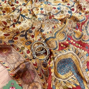 Zynah beige and red Kalamkari Organic Lab Tested 120 Count pure &#39;Linen by Linen&#39; Saree, stitched readymade blouse,fall,petticoat, Ships USA