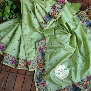 Zynah Made to Order Pure tussar silk Authentic Hand Parsi Gara Saree; Custom Stitched/Ready-made Blouse, Fall, Petticoat; Ships to USA