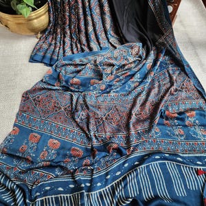 Indigo Ajrakh Modal Saree zari, Crafted Using Traditional Method Of Ajrakh Printing By Zynah,100% Natural Dyes;Custom Blouse;SKU: 1402202503