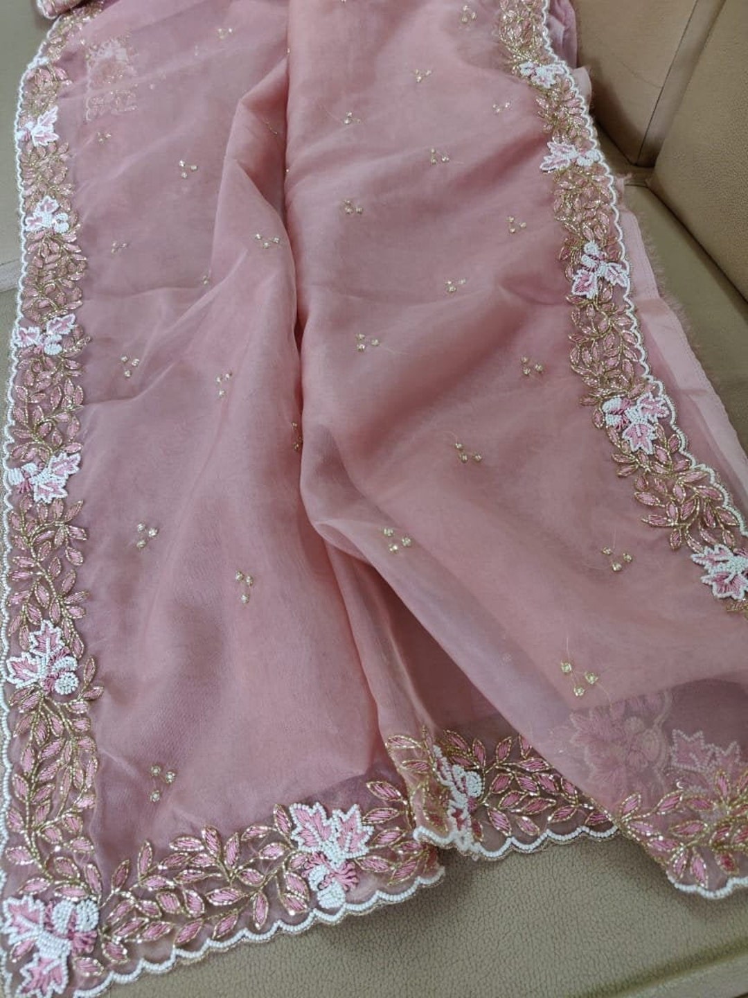 Zynah Organza Silk Saree, Cutdana Work, Pearl Beads Handwork