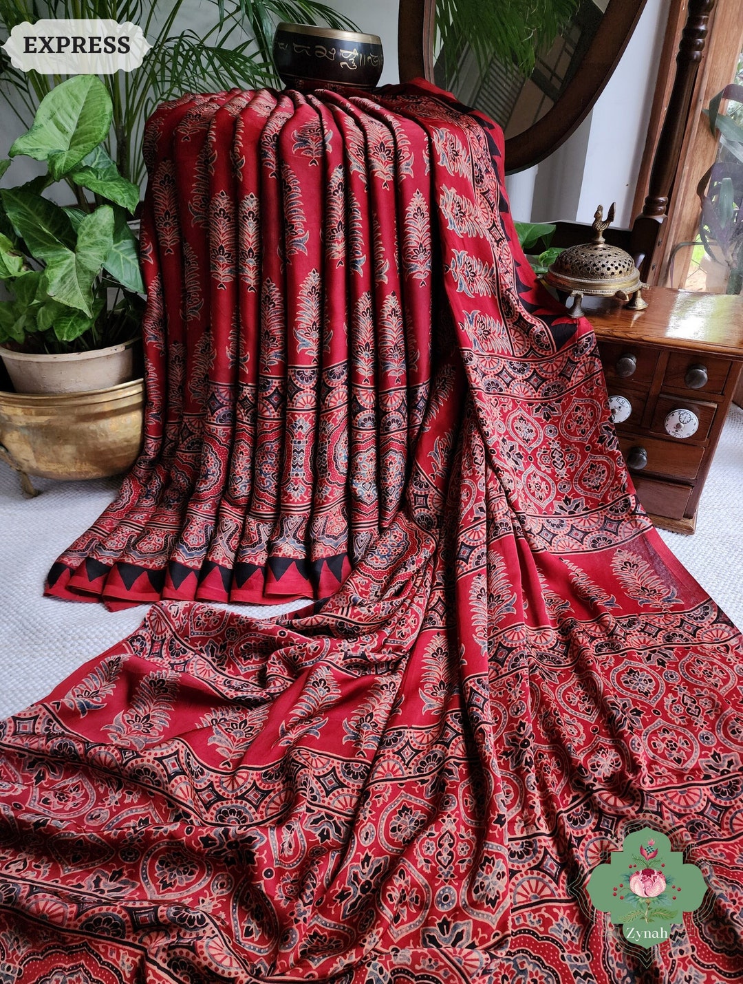 Ajrakh Modal saree (Red) main image 0