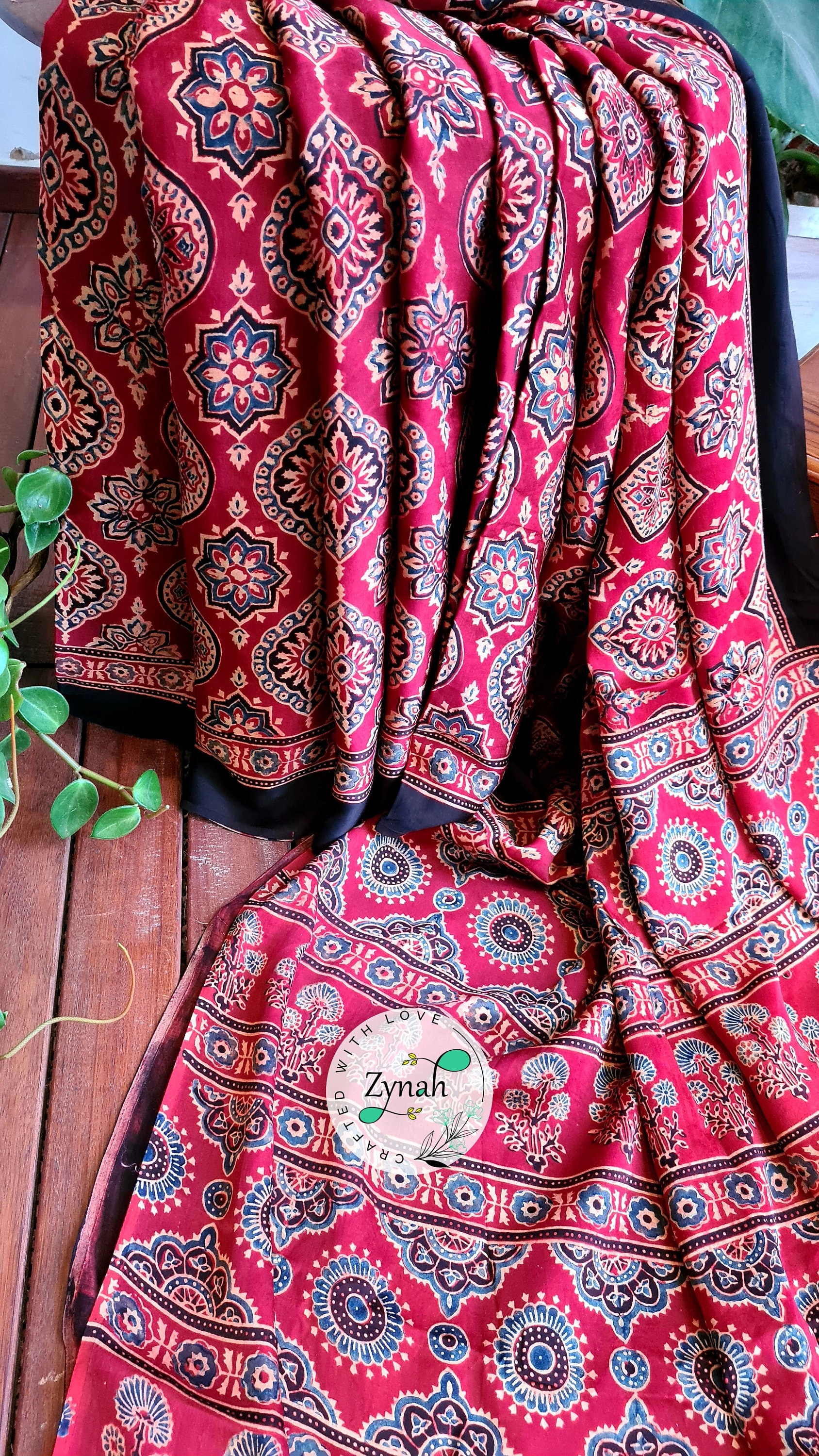 Pure Modal Silk Ajrakh Saree, Handblock Printed Custom Stitched