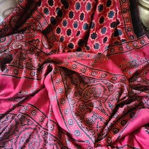 Pure modal silk Ajrakh saree, Handblock printed,