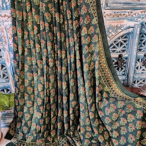 Green Ajrakh Modal Saree zari, Crafted Using Traditional Method Of Ajrakh Printing By Zynah,100% Natural Dyes;Custom Blouse;SKU: 1402202504