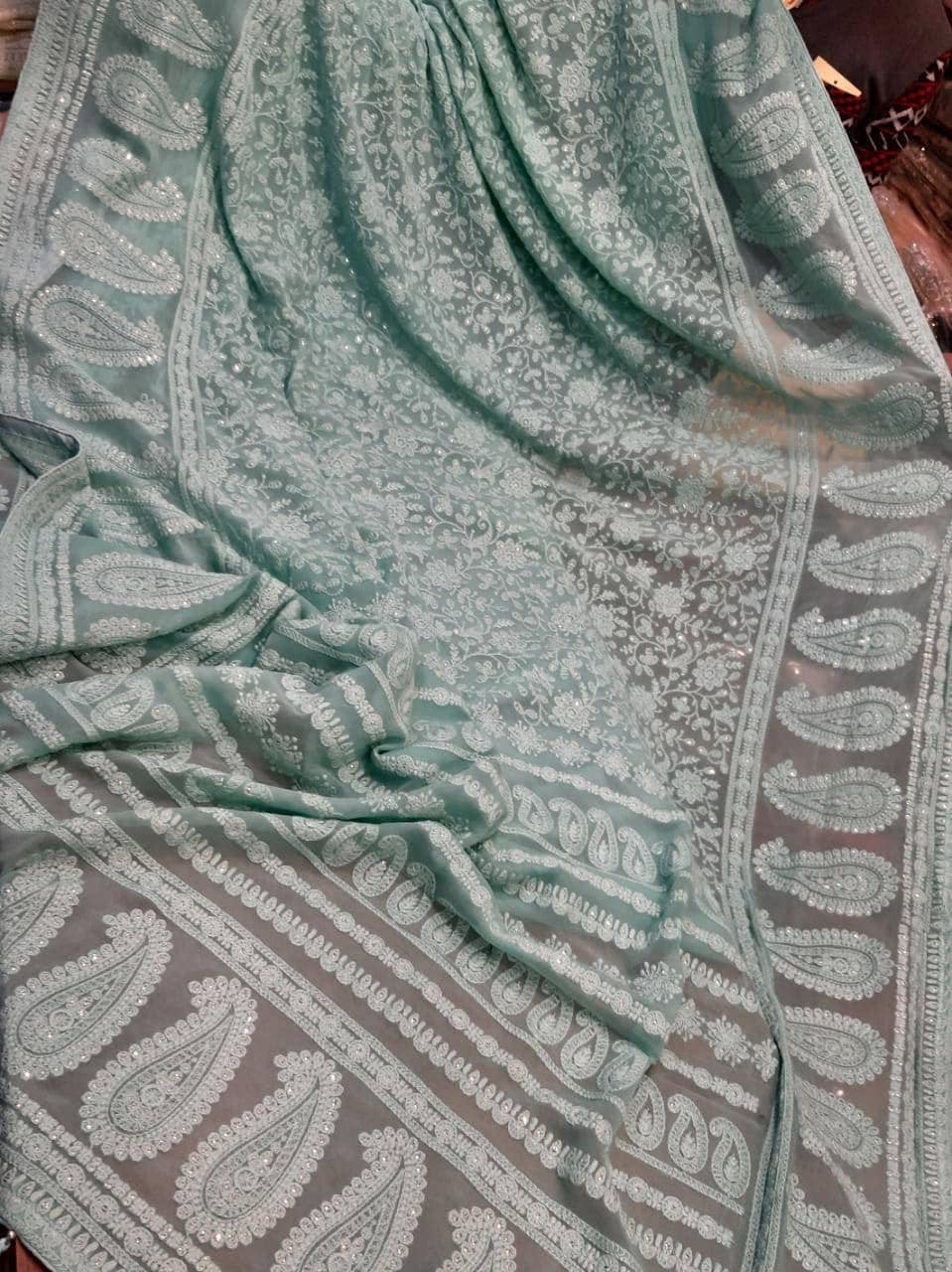 Zynah Pure Georgette Chikankari Saree With Glitter - Etsy