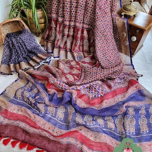 Maroon Linen Saree With Ajrakh Print; Custom Stitched/Ready-made Blouse, Fall, Petticoat; SKU: 2504202305