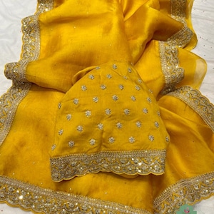 Zynah Mustard Yellow Pure Organza Silk Saree With All Over Mukaish Work & Sequins Embroidered Border;Custom Stitched/Ready-made Blouse, Fall